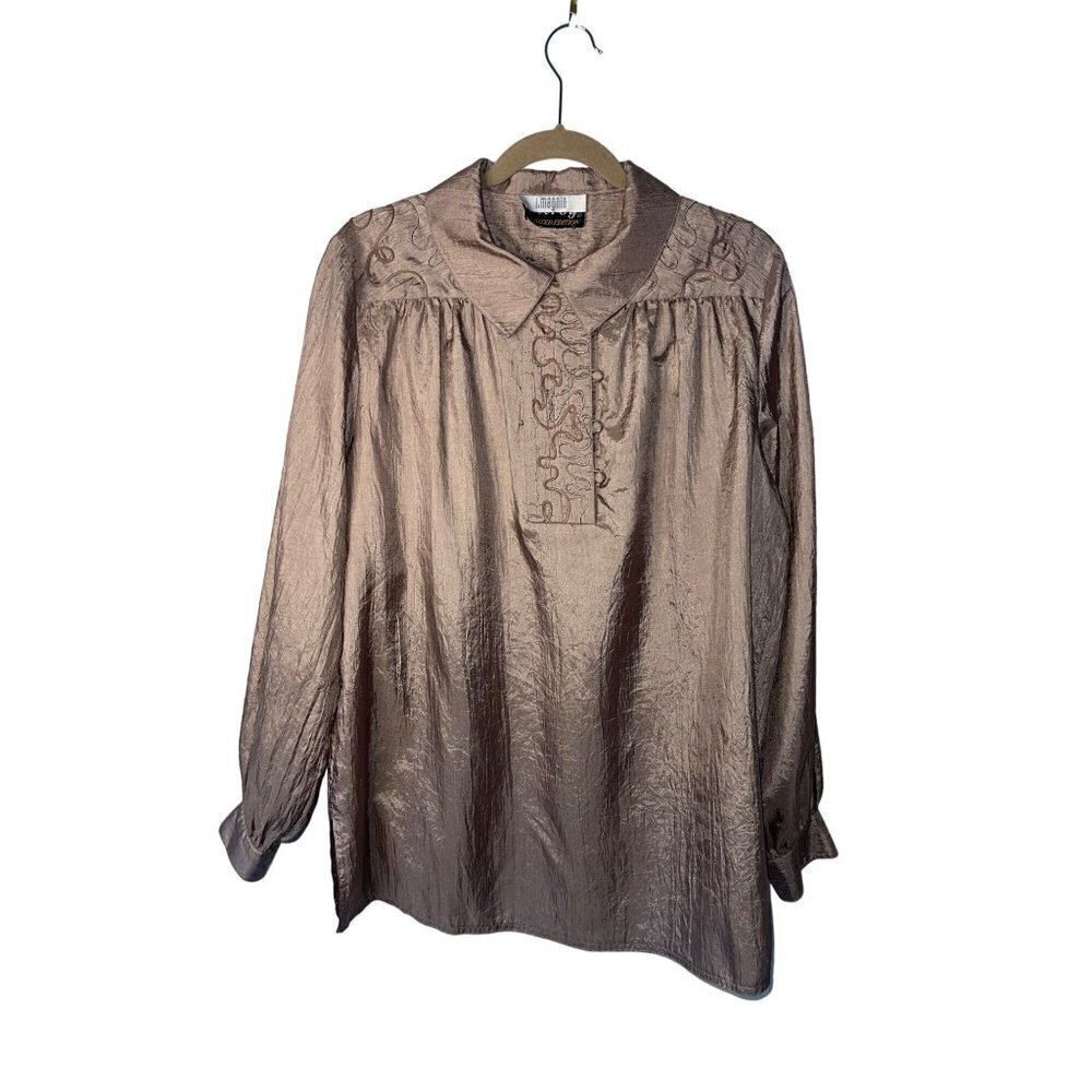 I Magnin Wilroy Limited Edition Vintage Womens Shirt Size XL Tan Embroidered